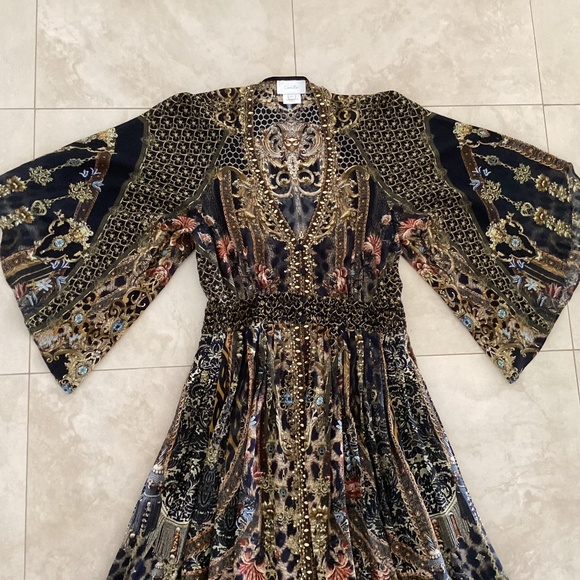 CAMILLA Long Dress With Smocked Waist Bell Sleeves *Abingdon Palace* 100% Silk - Picture 5 of 16